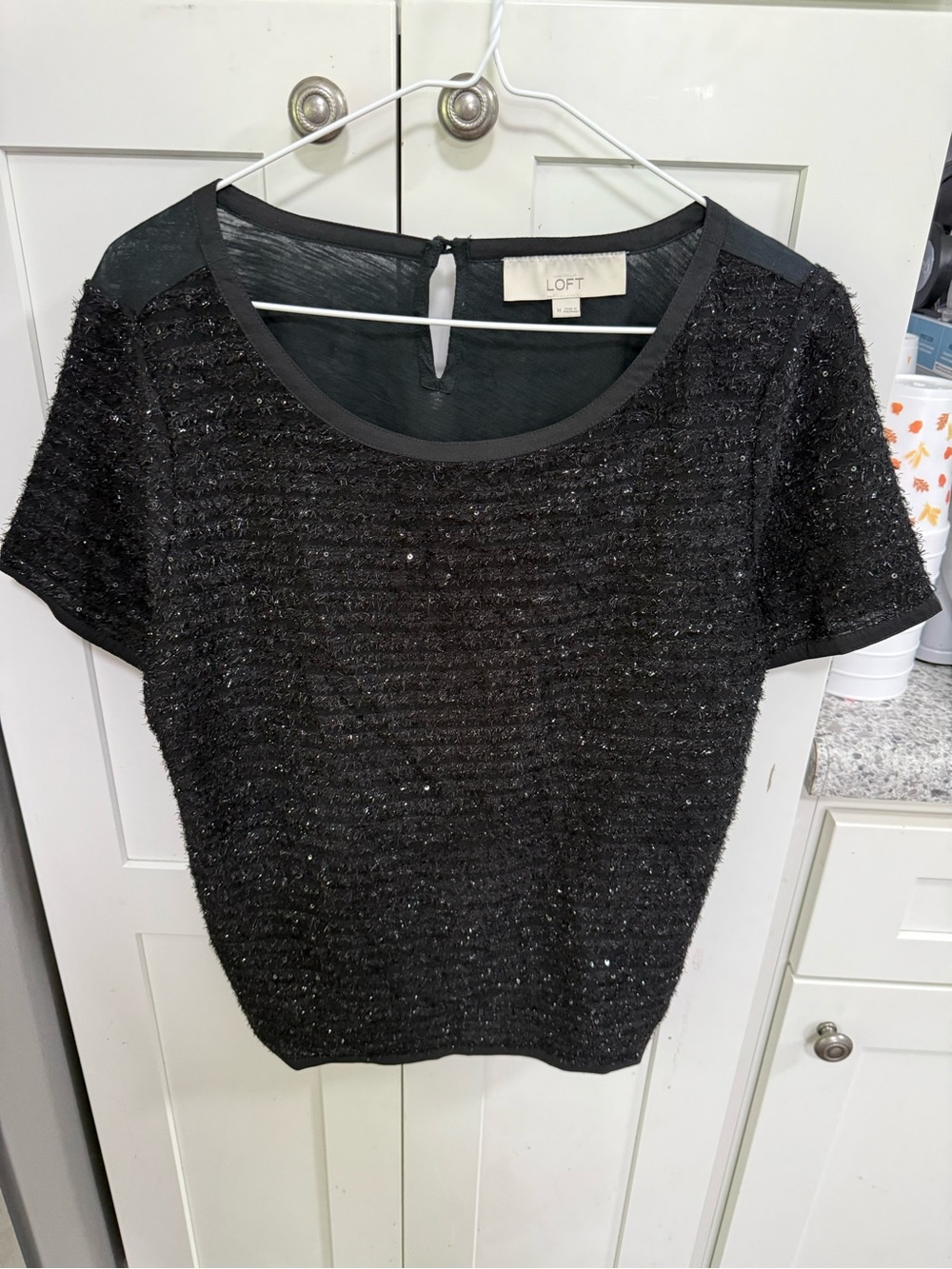 LOFT Black Short-Sleeve Sparkle Knit Top